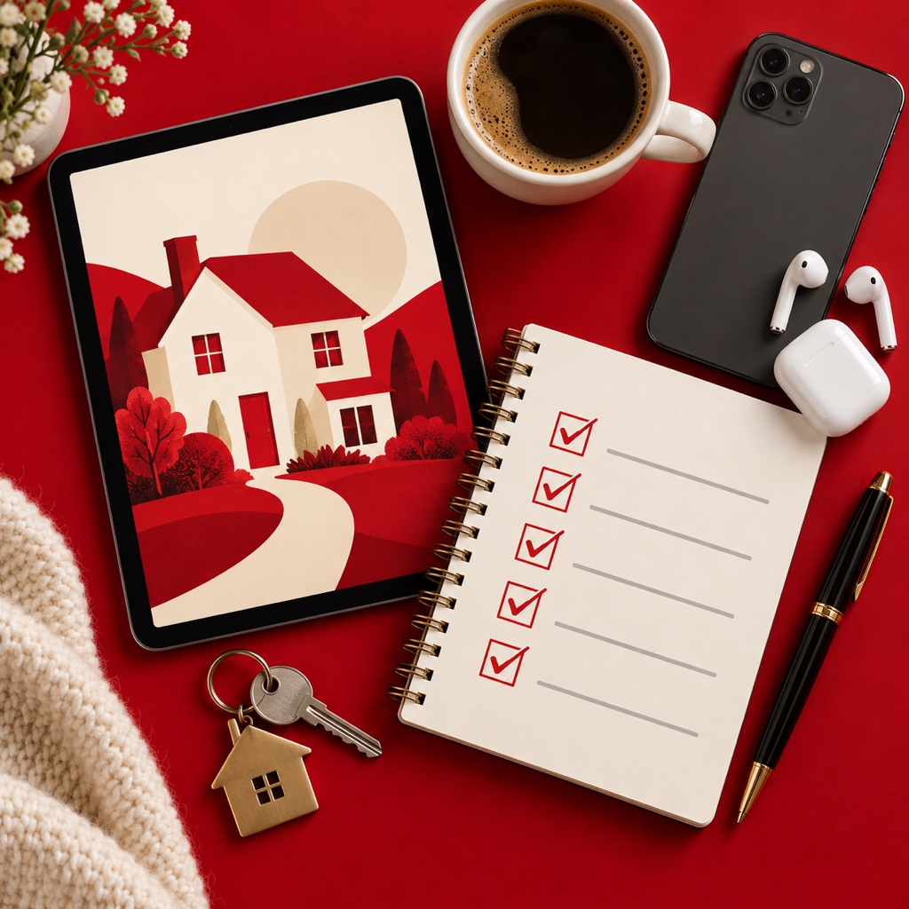 E-book na tablecie, checklista, klucze i słuchawki do konsultacji na czerwonym tle