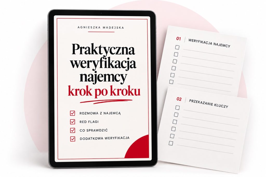 Praktyczna weryfikacja najemcy krok po kroku: okładka e-booka na tablecie i wydrukowane checklisty