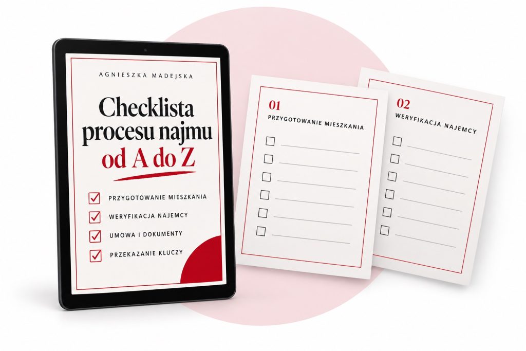 Checklista procesu najmu od A do Z: okładka e-booka na tablecie i wydrukowane checklisty