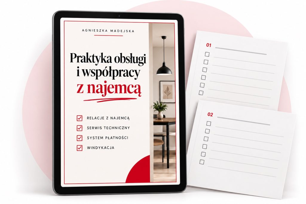 Praktyka obsługi i współpracy z najemcą: okładka e-booka na tablecie i wydrukowane checklisty