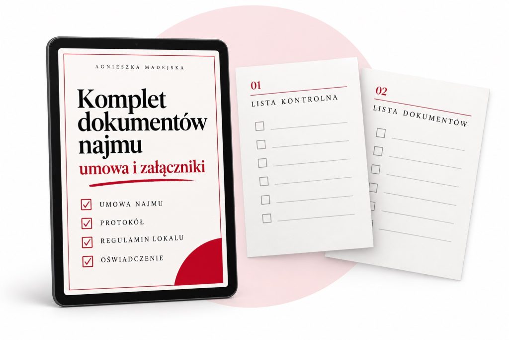 Komplet dokumentów najmu: umowa i załączniki: okładka e-booka na tablecie i wydrukowane checklisty