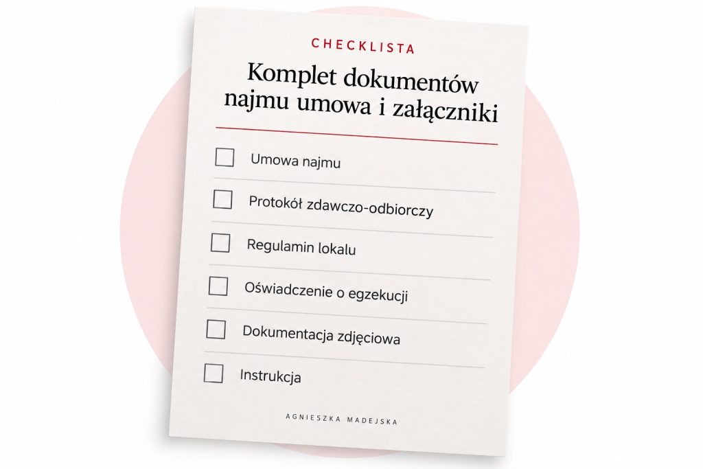 Komplet dokumentów najmu: umowa i załączniki: przykładowa strona z checklistą